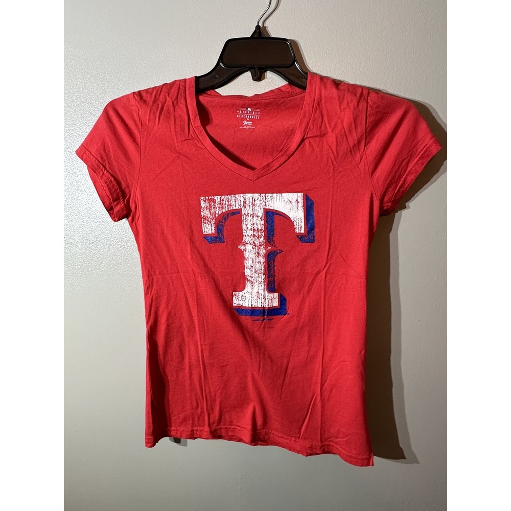 Texas Rangers Womens V Neck T Shirt Red Blue Letter T Graphic MLB Licensed M